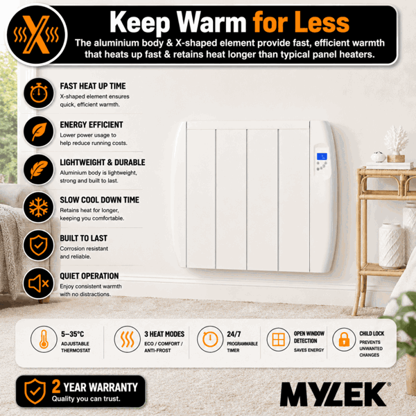MYLEK Panel Heater Radiator 1000W Electric with Programmable Digital Timer