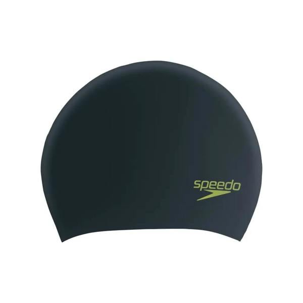 Speedo Junior Long Hair Silicone Swim Cap in black with green logo