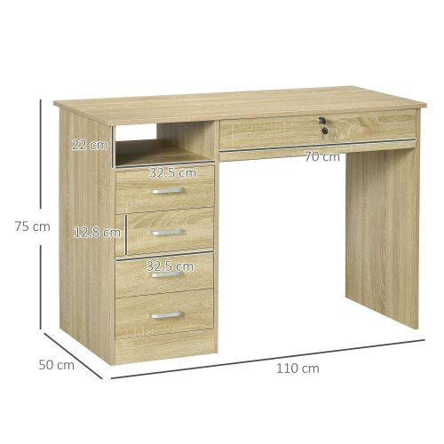 Wyld Haus Yodino 110cm Oak Finish Home Office Desk With 5 Drawers And Side Shelving