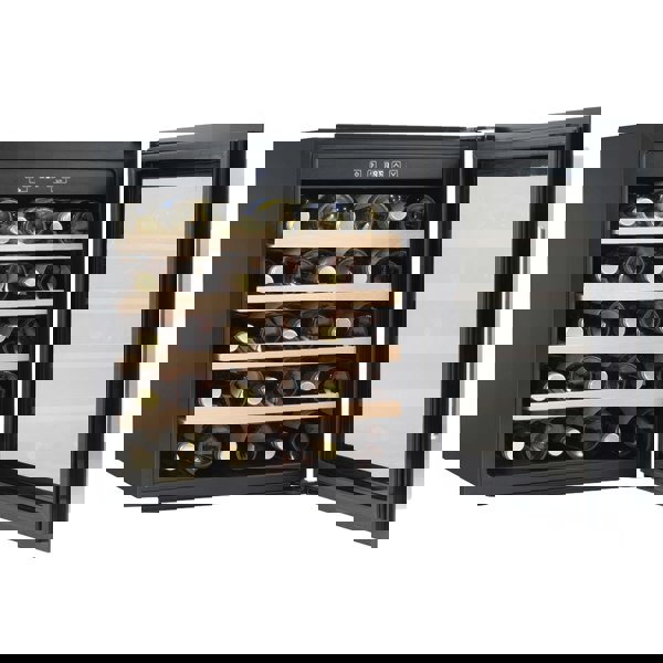 36 Bottle 60cm Built-in Wine Cooler Fridge - Wood Shelves & LED Backlit BLACK - LoopsDirect