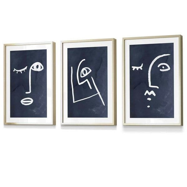 Artze Wall Art Set of 3 Framed Abstract Faces Navy Blue