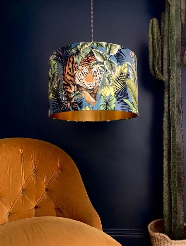 Love Frankie Big Cat Velvet Lampshade With Gold Lining In Flint Blue