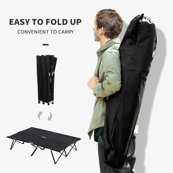 Black double camping cot folds for easy storage, with carry bag shown