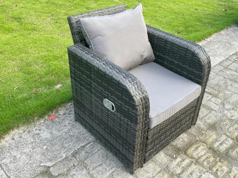 Fimous Rattan Garden Furniture Patio Set, Adjustable Height Dining Table Sofa, Reclining Chair, Side Table, 2 Small Footstools, Dark Grey Mixed