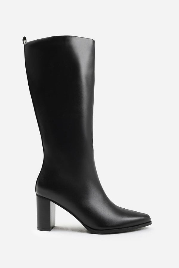 Where's That From Elder Block Heel Knee High Boots With Side Zip in Black Faux Leather