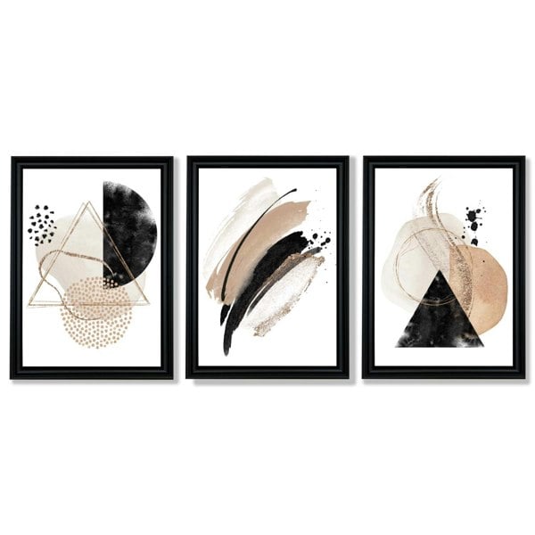 Artze Wall Art Abstract Black Beige Set of 3 Watercolour Shapes Framed Wall Art
