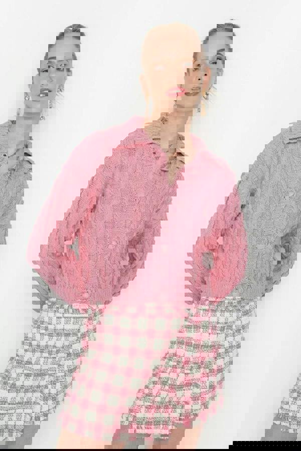 WOVCOR Crop Polo Neck Knit Cardigan with Covered Button Detail