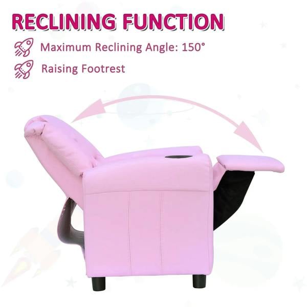Pink kids recliner chair with adjustable backrest and raised footrest, padded headrest