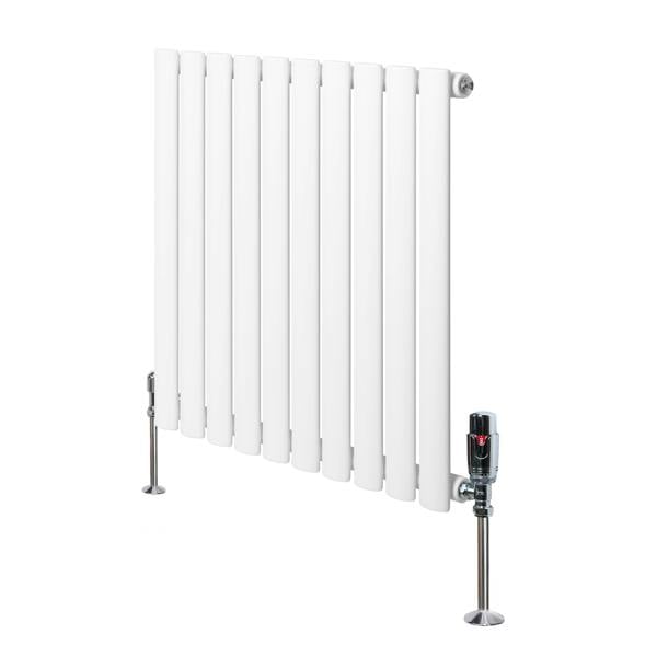 White oval single column radiator with sleek vertical panels, measuring 600mm x 600mm, featuring chrome valves and a modern design