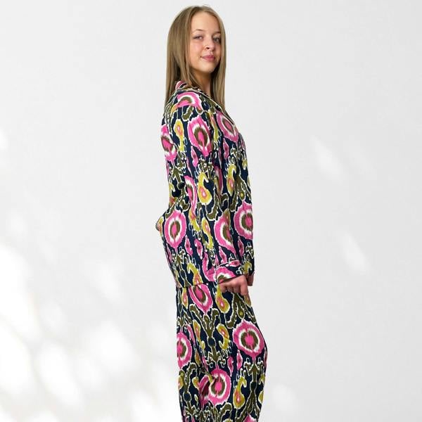 Hayley & Co Ikat Print Cotton Long Pyjama Set in Navy Blue and Pink