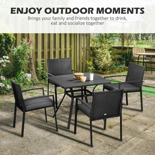 Black rattan dining set with four chairs and square table, dark seat cushions