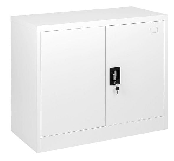 MMT Furniture Designs White Stainless Steel Filing cabinet with 1 Shelf - 2 Door Lockable Metal Office Storage Cupboard Organiser 90CM