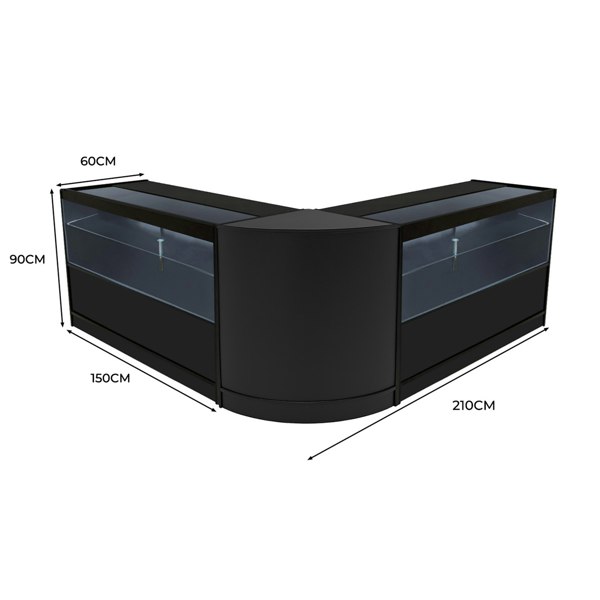 Black Selene LED shop counter set featuring a sleek, modern design with glass display tops and ample storage space, measuring 60cm by 210cm