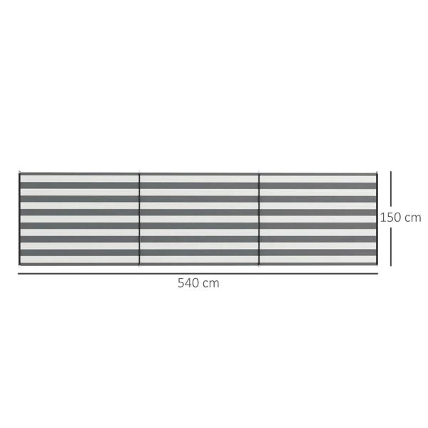 Grey and white striped windbreak screen, shown in 540 x 150 cm size layout