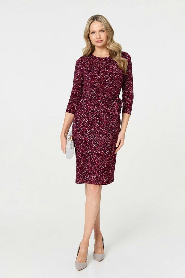 Pink | Animal Print Knot 3/4 Sleeve Short Dress : Model is 5'10"/178 cm and wears UK10/EU38/US6/AUS10
