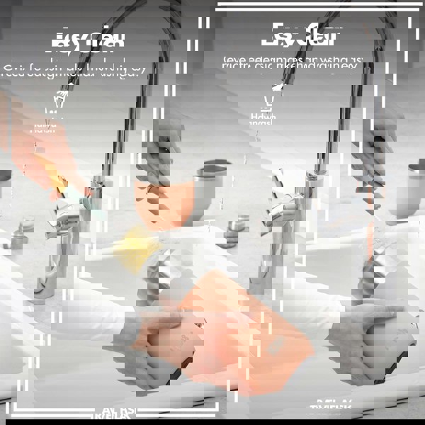 A person cleans a peach-colored travel flask with a brush under a running tap in a sink Easy Clean Crevice free design makes hand washing easy Handwash ION8 TRAVEL FLASK