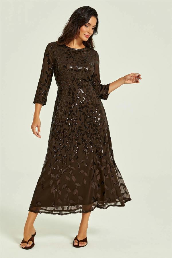 FS Collection Sequin Leaf 3/4 Sleeve Bridesmaid Midi Dress In Brown