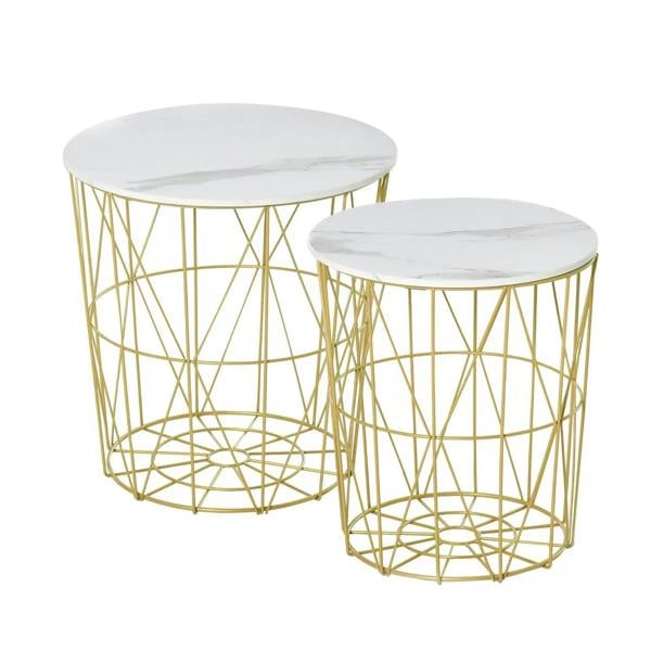 Set of 2 round nesting side tables with white marble-look tops and gold wire steel storage