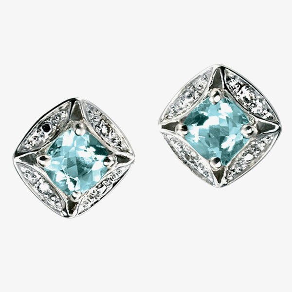 T. H. Baker 9ct Gold Diamond Aquamarine Square Studs GK-GE732T