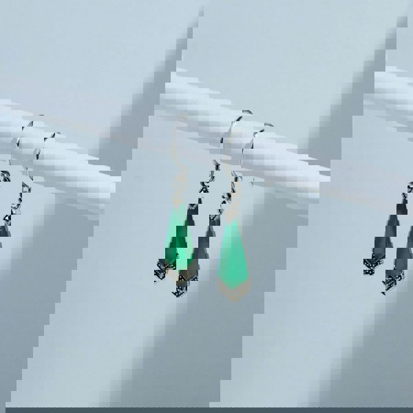 Art Deco Style Green Chalcedony & Marcasite Kite Drop Earrings in 925 Sterling Silver flatlay