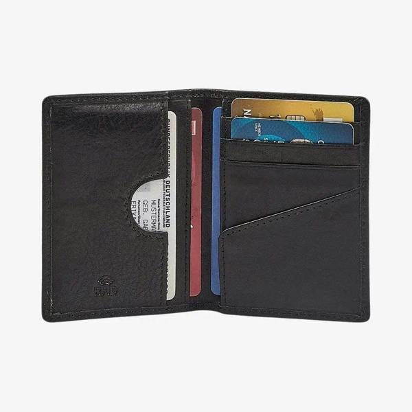 Black leather card holder with card slots on a white background