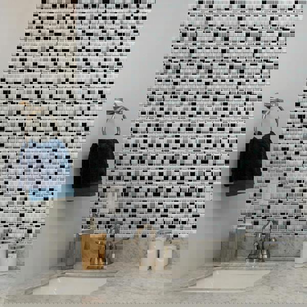 Classic Black and White Mosaic Glossy 3D Sticker Tile 30.5 x 15.4cm (12 x 6 in) - 12pcs in a pack