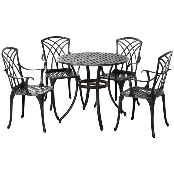 Brown cast-aluminum round outdoor dining table with four armchairs, 5-piece set