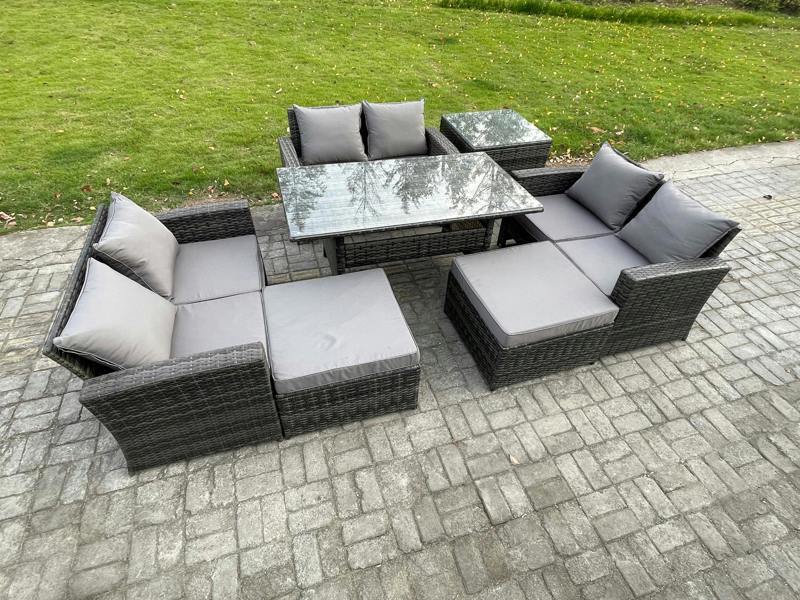Fimous 8 Seater Wicker PE Rattan Garden Set, Outdoor Lounge Sofa, Dining Table, Double Seat Sofa, 2 Big Footstools and Side Table, Dark Grey Mixed