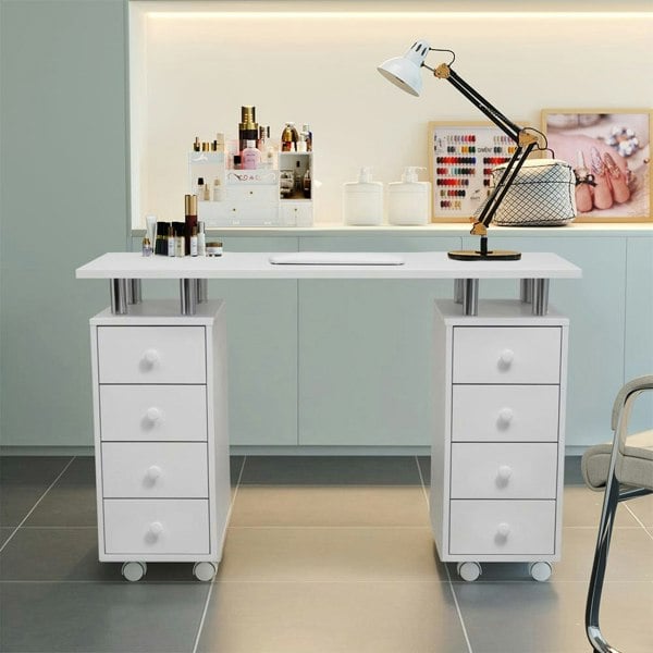 120cm Wide White Professional Manicure Table on Wheels with 8 Drawer Dressing Tables Living and Home