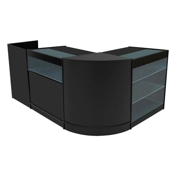 Polaris LED Shop Counter Set in sleek black, featuring curved design, glass shelves, and modern finishes, ideal for retail spaces