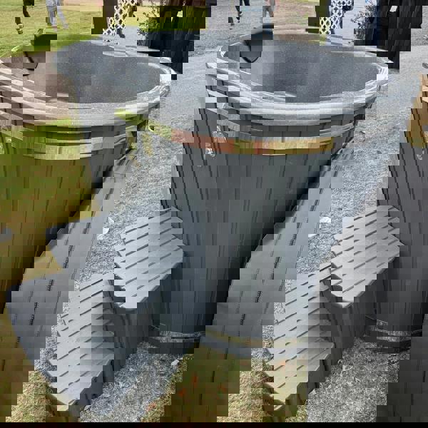 Layzee Living ofuro wood-fired tub with steps in grey