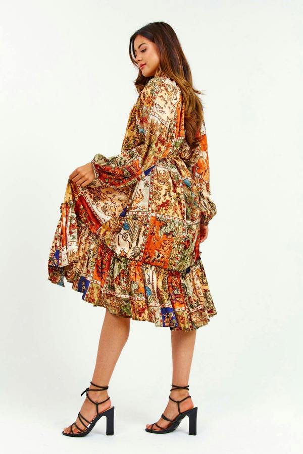 LuvForever Oriental Print Ruffle Midi Dress