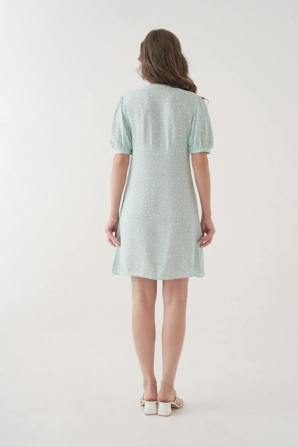 Hoxton Gal Relaxed Fit Green & White Polka Dot Button-Front Puff-Sleeve Mini Dress
