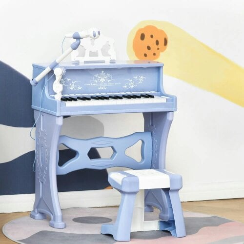 Bobobiy 37 Keys Kids Piano Mini Electronic Keyboard Light Kids Musical Instrument Educational Game Children Grand Piano Toy Set with Stool & (Blue)