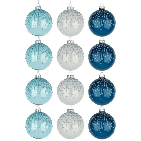 8cm Glass Christmas Baubles Set, Blue and White, 12 Pack with 3 Assorted Designs image 1