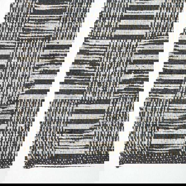 HOMESCAPES Black & White Real Leather Handwoven Striped Block Check Rug