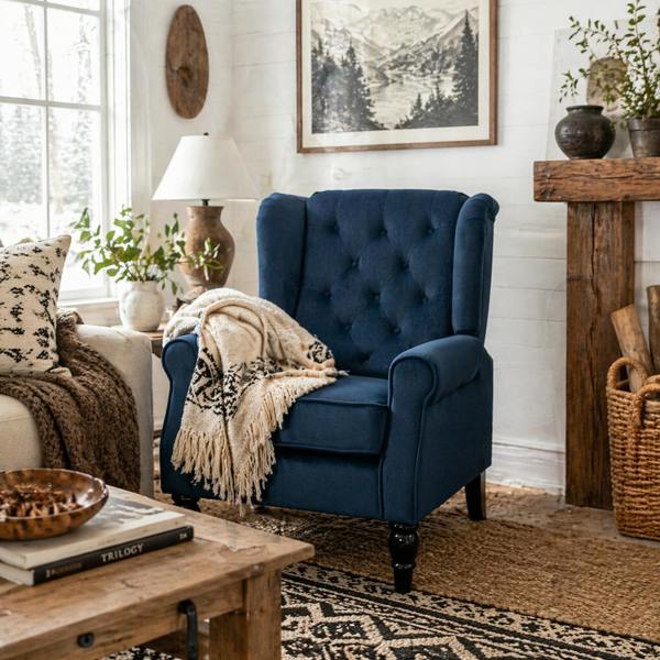Wyld Haus Rake Dark Blue Retro Wingback Accent Chair With Button Tufted Upholstery