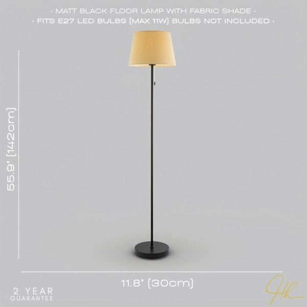 Traditional Classic Matte Black Floor Lamp with Pull Switch and Linen Shade Image 6