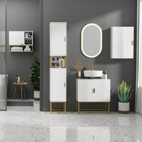 Wyld Haus Kacoel Tall Narrow Bathroom Storage Cabinet With Adjustable Shelves Double Doors And Steel Base White