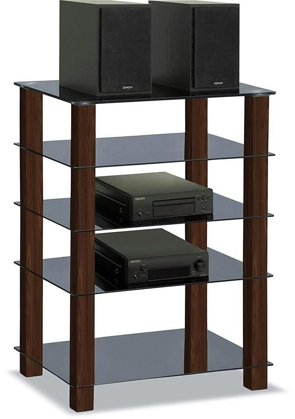 Homeology TRINITY Gloss Black 5 Shelf with Walnut Legs Flat Screen TV Rack Glass Stand