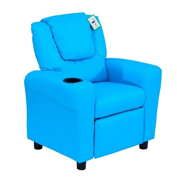 Blue kids recliner chair with padded headrest, armrests, and built-in cup holder