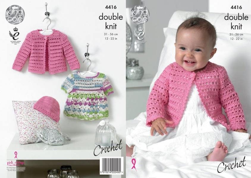King Cole Cherish Knitting Pattern 4416, Dresses, Headwear, Cardigans for Baby, 12 inch - 22 inch - Intermediate