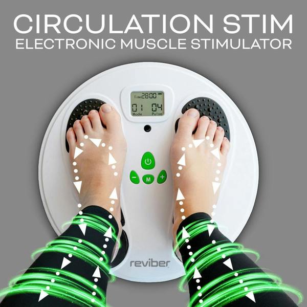Top view of bare feet on the Reviber Circulation Stim - Electronic Muscle Stimulator by Reviber, with green swirling graphics around the legs. Text: Supports active recovery and helps reduce fatigue, swelling, and soreness.