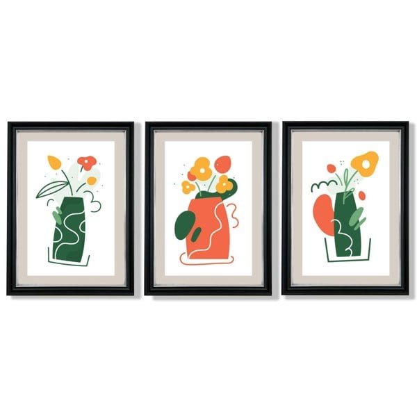 Boho Minimal Floral Green Orange Set of 3 Framed Art Prints with Vermeer Black and Silver Frames