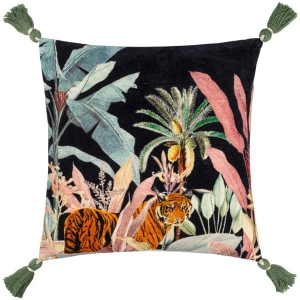 Wylder Midnight Jungle Velvet Tassel Cushion Cover - Noir