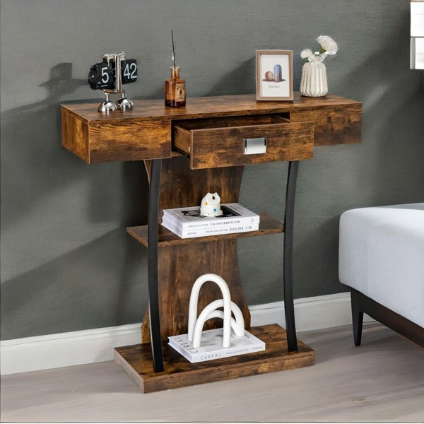 Rafaelo Mobilia Industrial T Shaped Narrow Console Table With Drawer