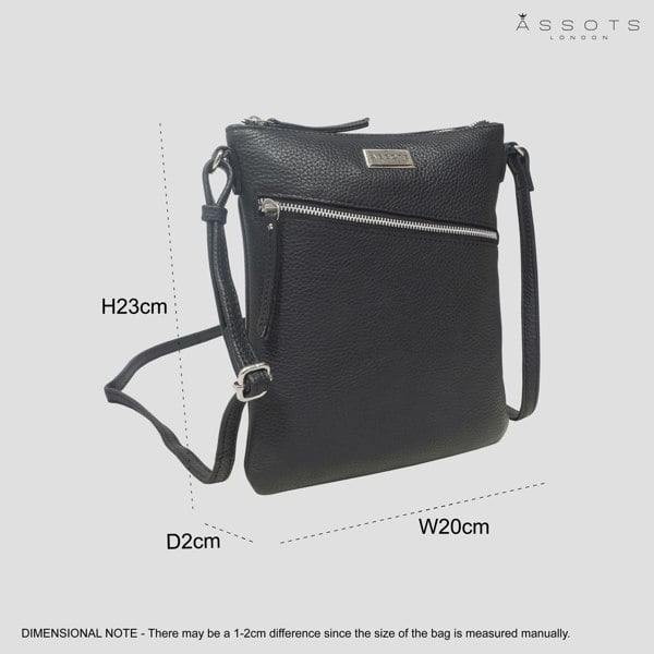 Assots London 'ROSY' Black Pebble Grain Soft Real Leather Crossbody Bag