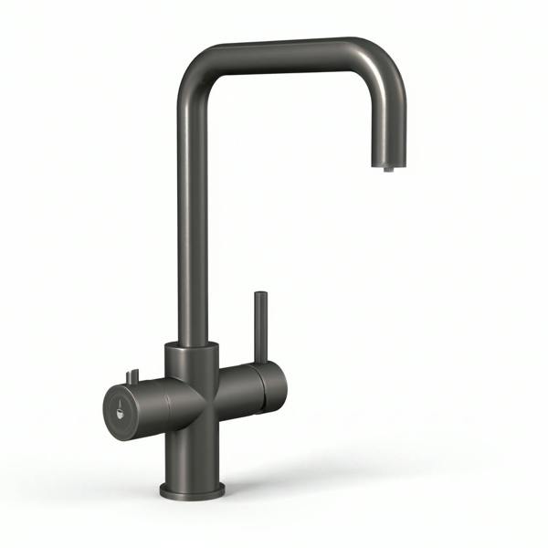 Gun metal grey kitchen boiling water tap on a white background