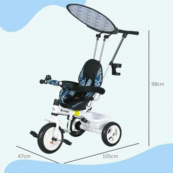 Kids tricycle with dark canopy and 5-point harness, side view with wheel dimensions