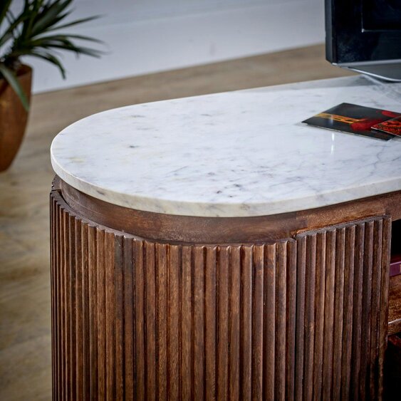 Wyld Haus Alabama Marble Top and Ribbed Mango Wood TV Unit With Drawers